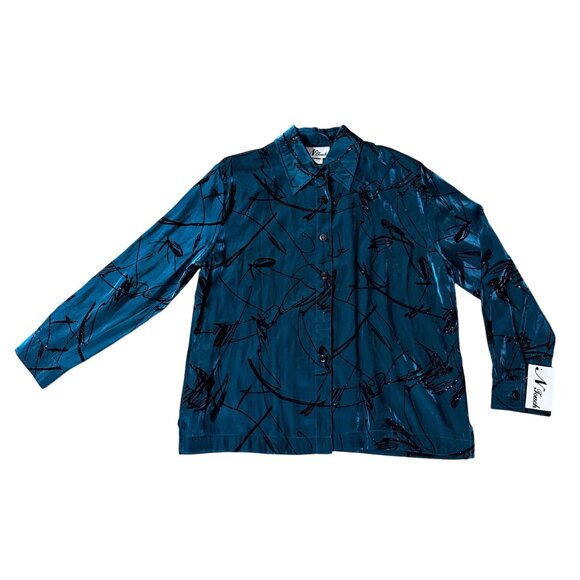 Womens Teal Shirt Iridescent Abstract Blouse NTouch Shoulder Pads Large Buttons - Picture 2 of 9